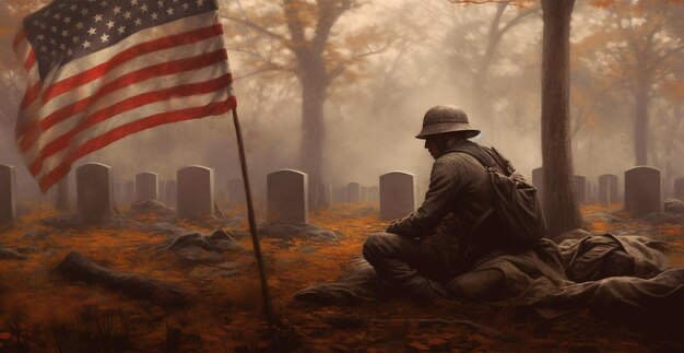 Soldier next to the American flag and graves