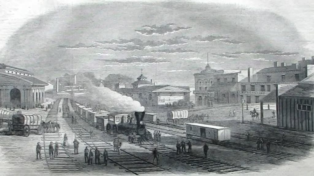 A bustling 19th-century train station with steam locomotive