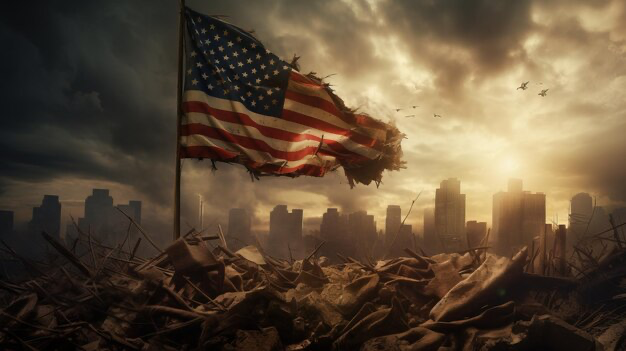American flag among the ruins against the backdrop of the city