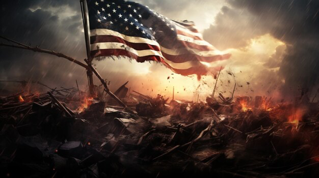 American flag among the rubble