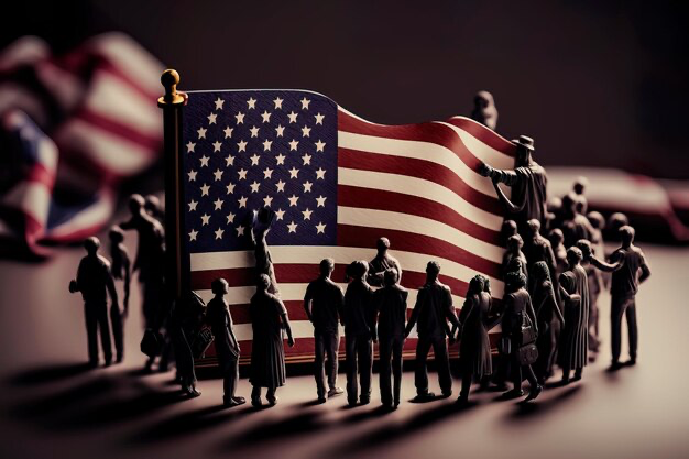 Small figures of people next to the American flag